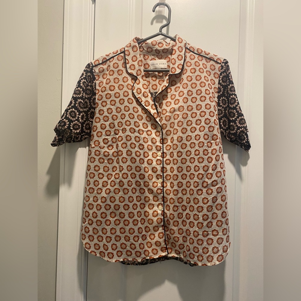 EUC Chloe Stora Paris Cotton Blouse Button Up Size 38 Short Sleeve Pretty